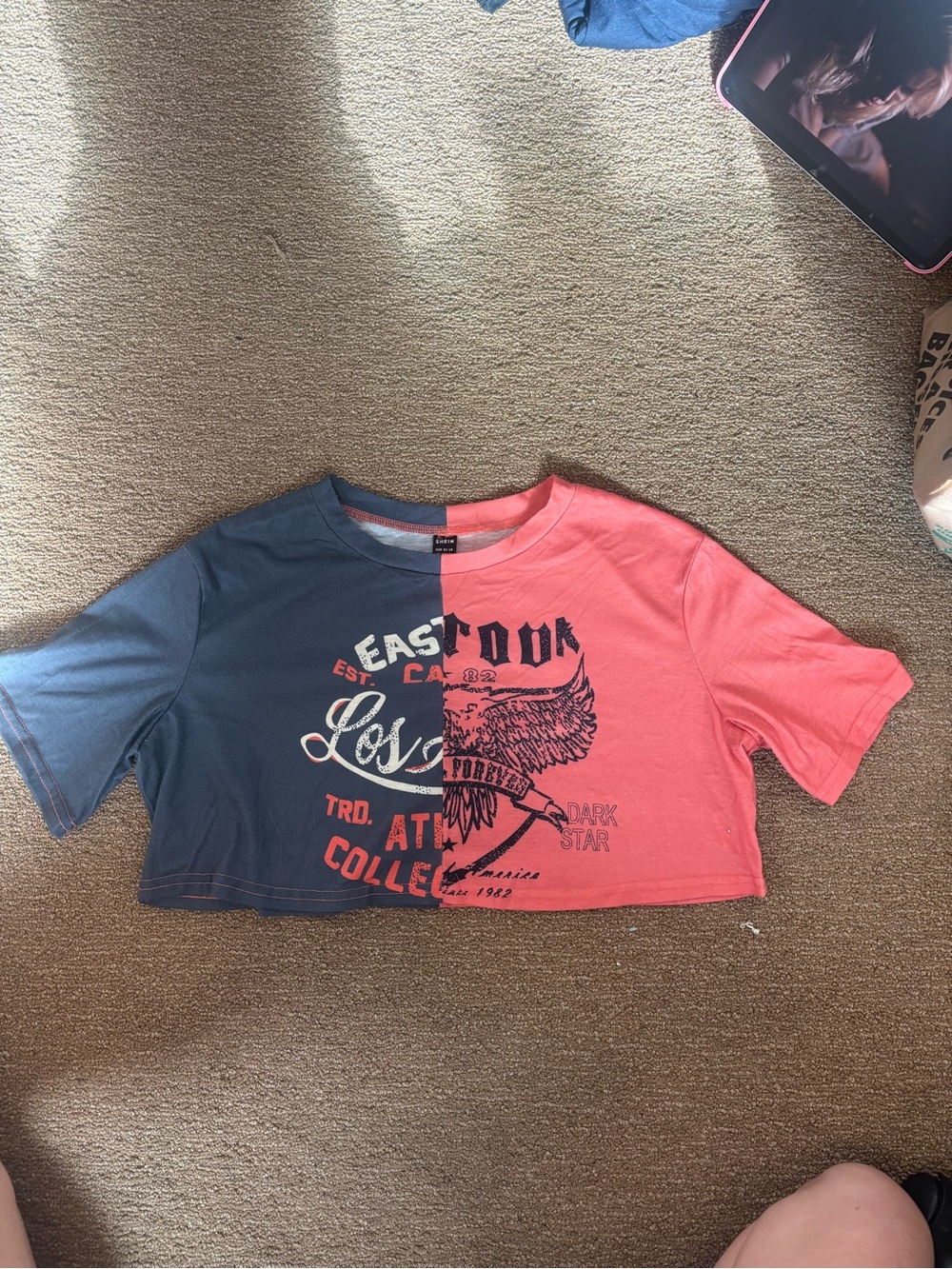SHEIN Blue & Coral Graphic Colorblock Cropped Tee